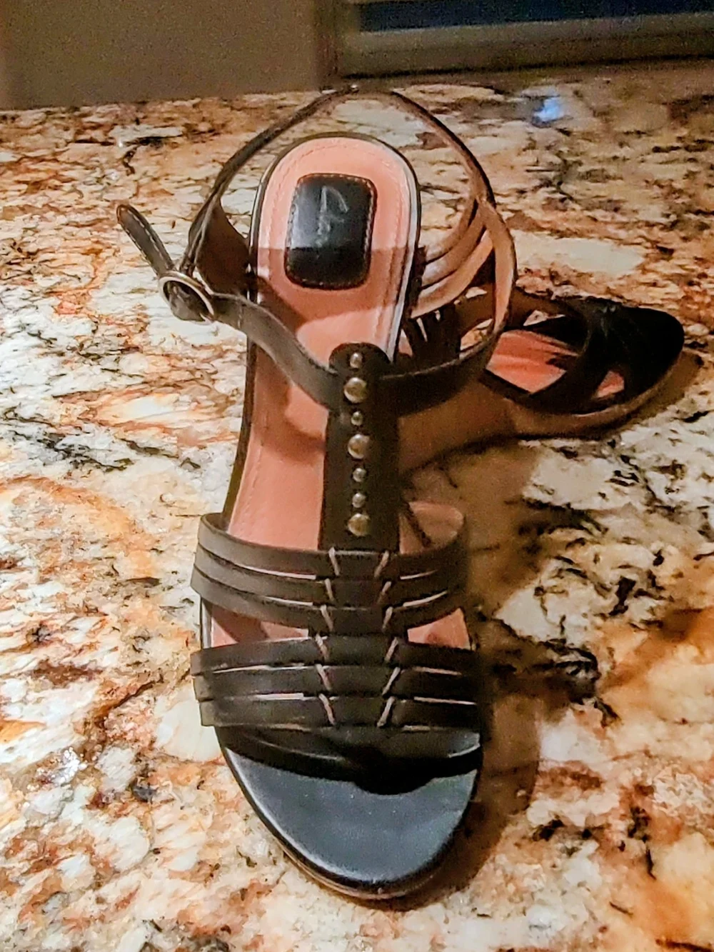 Clarks Black Leather Strappy Wedge Sandals